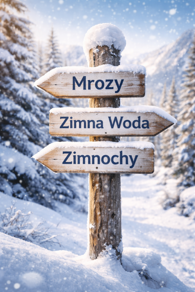 drogowskaz do miejscowości Mrozy, Zimna Woda i Zimnochy